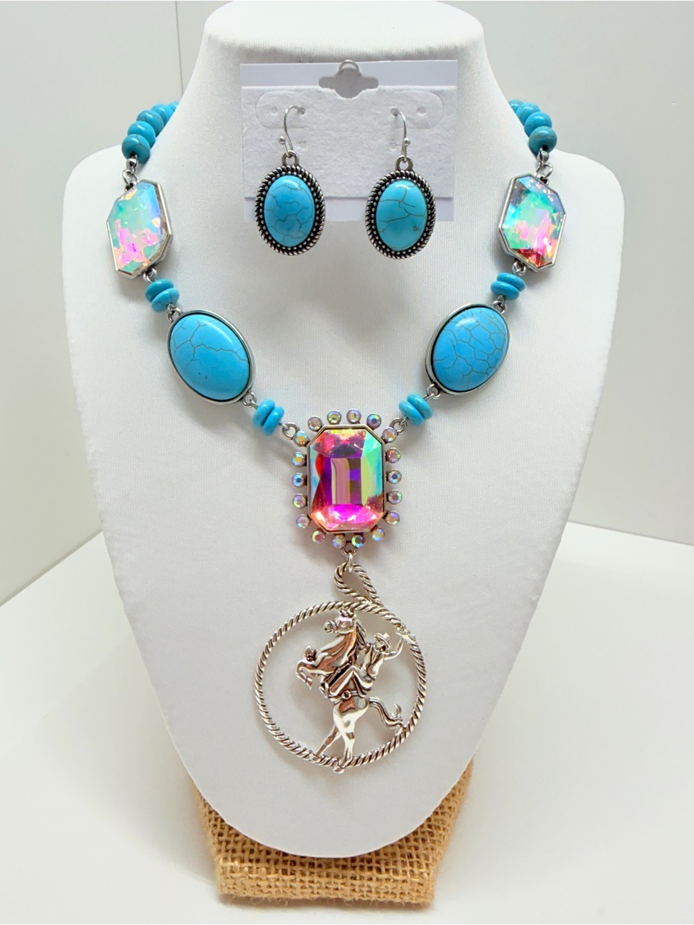 Turquoise Bead Necklace with Iridescent Center Pendant and Horse Medallion